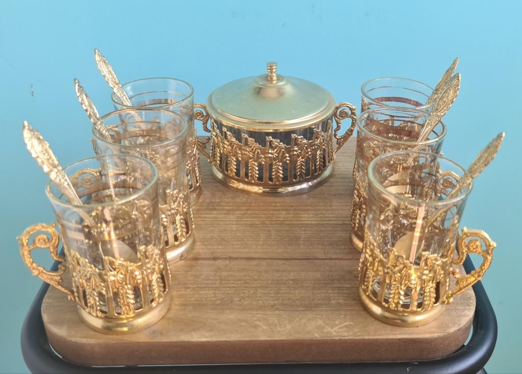 Vintage Turkse theeset met gouden houders en lepels, Verzenden
