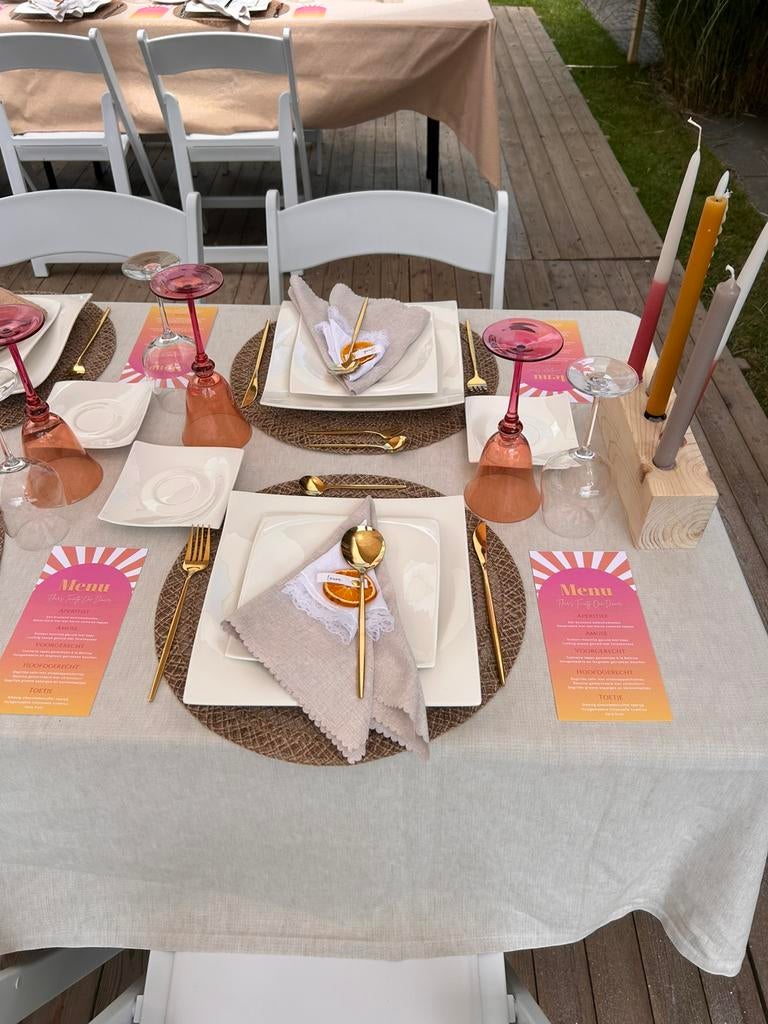 VERHUUR servies, bestek, glazen: 21 diner, feest , bruiloft, Ophalen, Zo goed als nieuw, Effen, Porselein