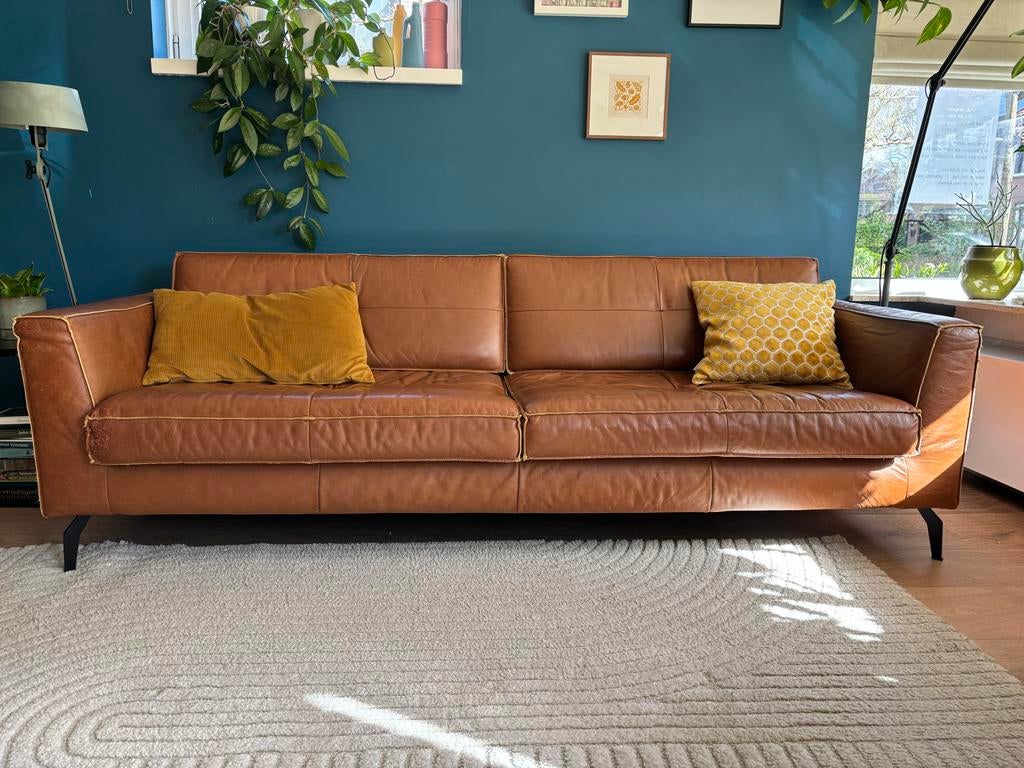 Bruin leren bank, 2,5 zits, Ophalen, Gebruikt, Tweepersoons, Rechte bank