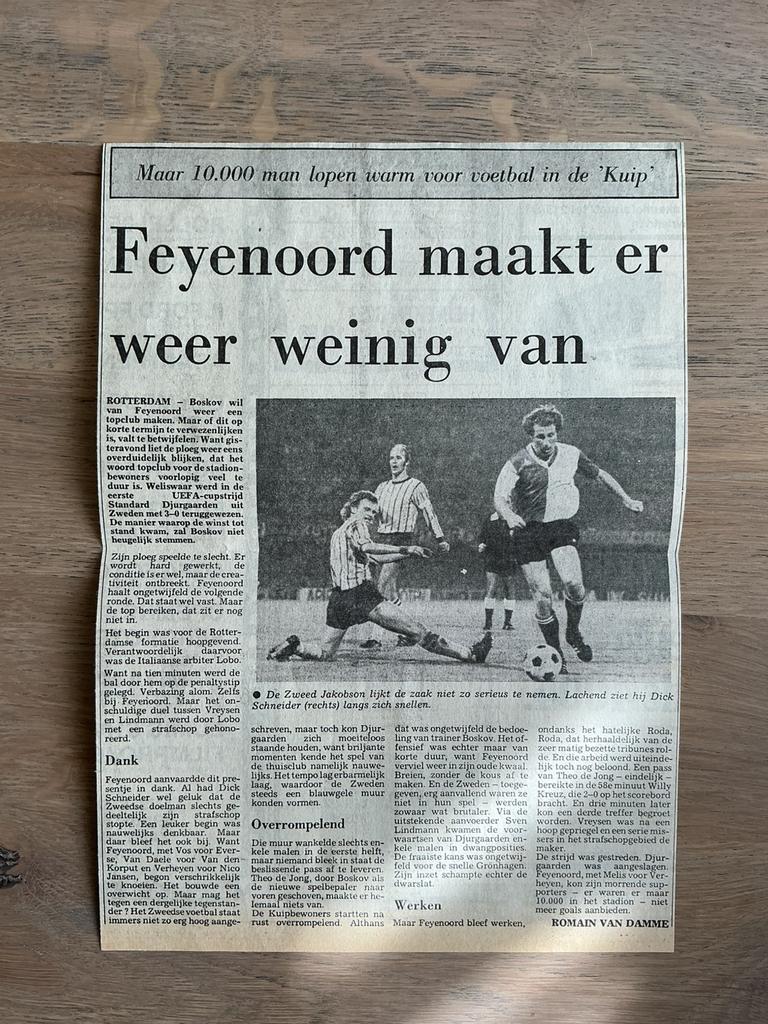 Voetbal krantenartikel Feyenoord Standard Djurgaarden 1976, Verzamelen, Tijdschriften, Kranten en Knipsels, Ophalen of Verzenden