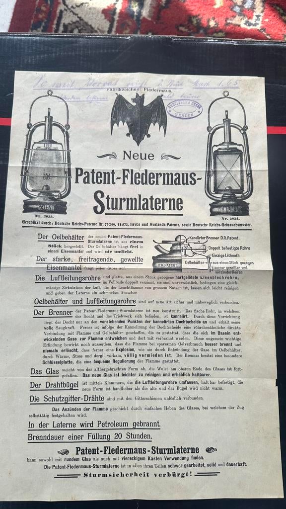 Patent van een Batt stormlamp, Antiek en Kunst, Antiek | Lampen, Ophalen of Verzenden