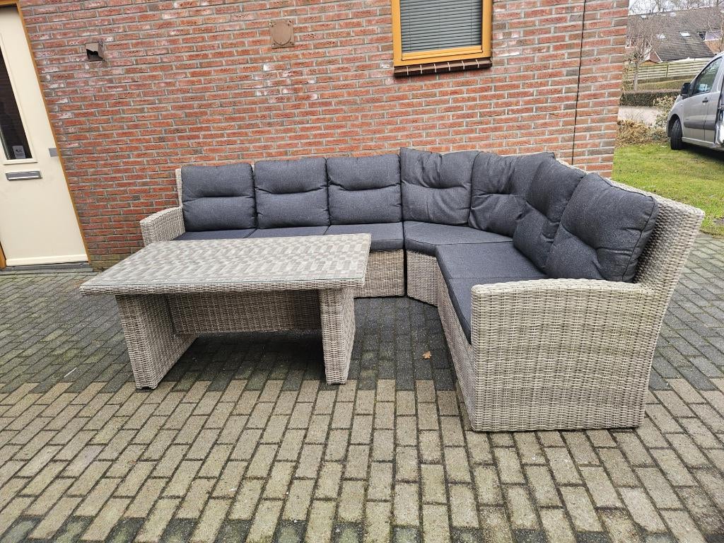 Mooie nette grote loungeset tuinset diningset tafel + bank, Ophalen, 6 zitplaatsen, Zo goed als nieuw, Loungeset