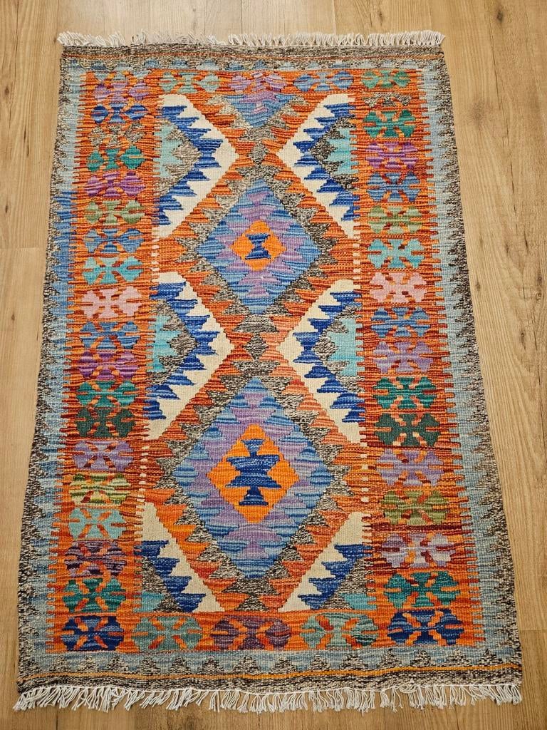 Handgeweven oosterse wollen kelim 116x80, Info@SlatsAntiek.nl, Crème, 100 tot 150 cm, Vof Slats Antiek