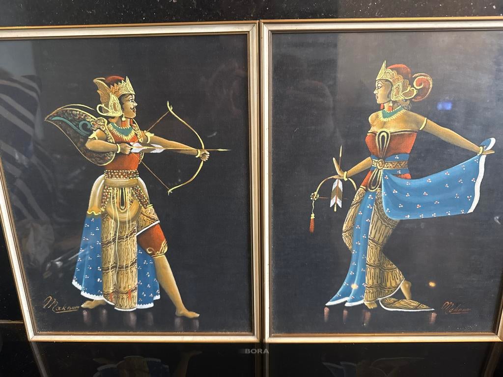 Set van 2 Balinese schilderijen - Danser en Boogschutter, Ophalen of Verzenden
