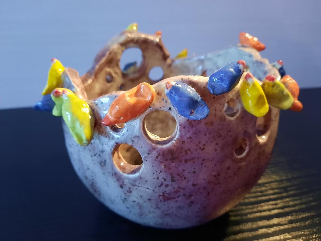 Leuke pot vol vogeltjes, Rond, Ophalen of Verzenden, Aardewerk, Binnen