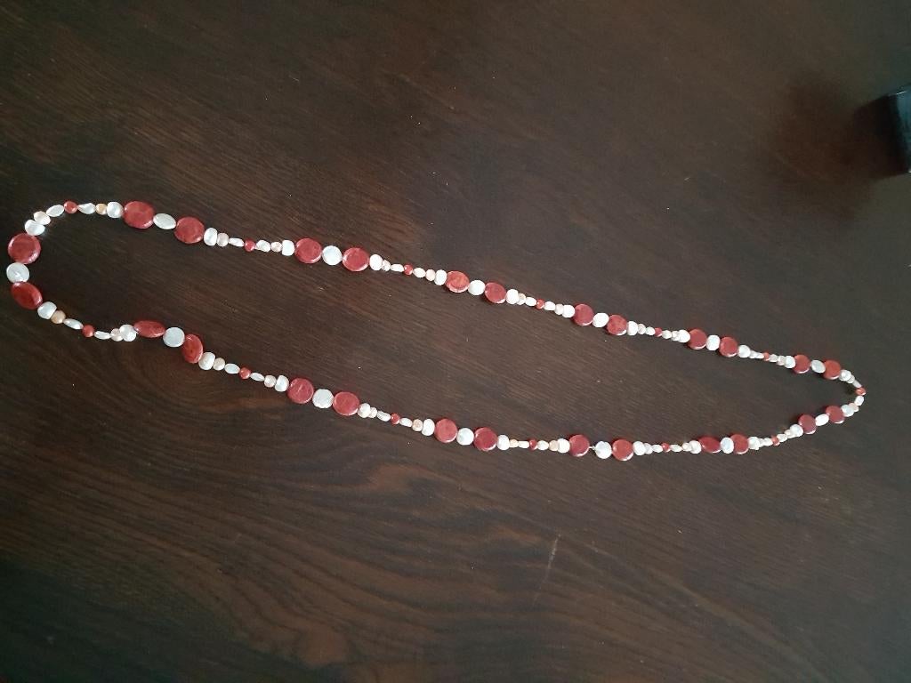 Echt parelcollier: witte, oranje en zalm parels, rood koraal, Nieuw, Ophalen of Verzenden, Steen of Mineraal, Met edelsteen