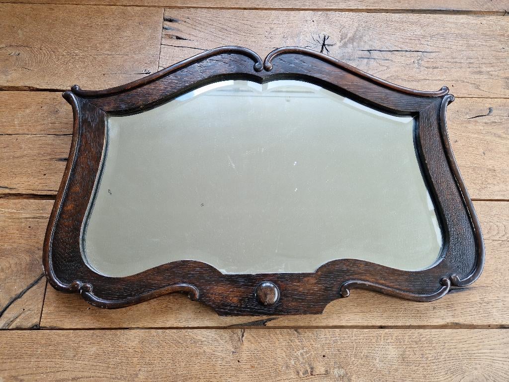 Jaren 50/60 wandspiegel van hout met facet geslepen glas, Gebruikt, Ophalen of Verzenden, Minder dan 100 cm, Rechthoekig