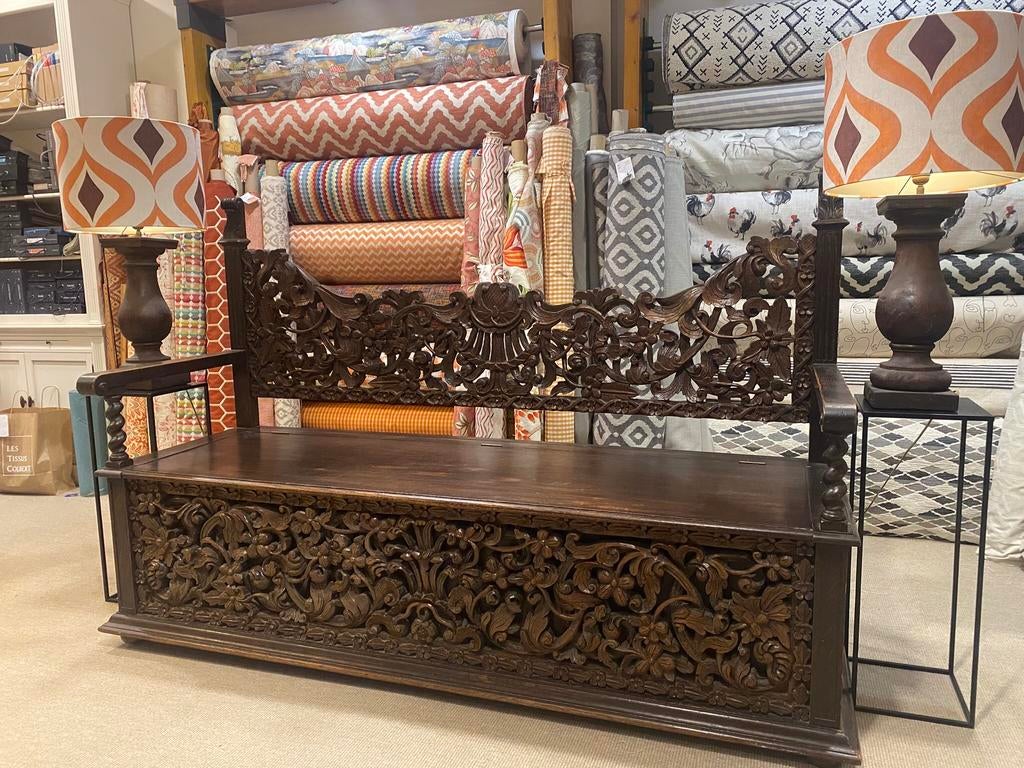 Koloniale hardhouten handgestoken bank met opbergvak, Ophalen of Verzenden
