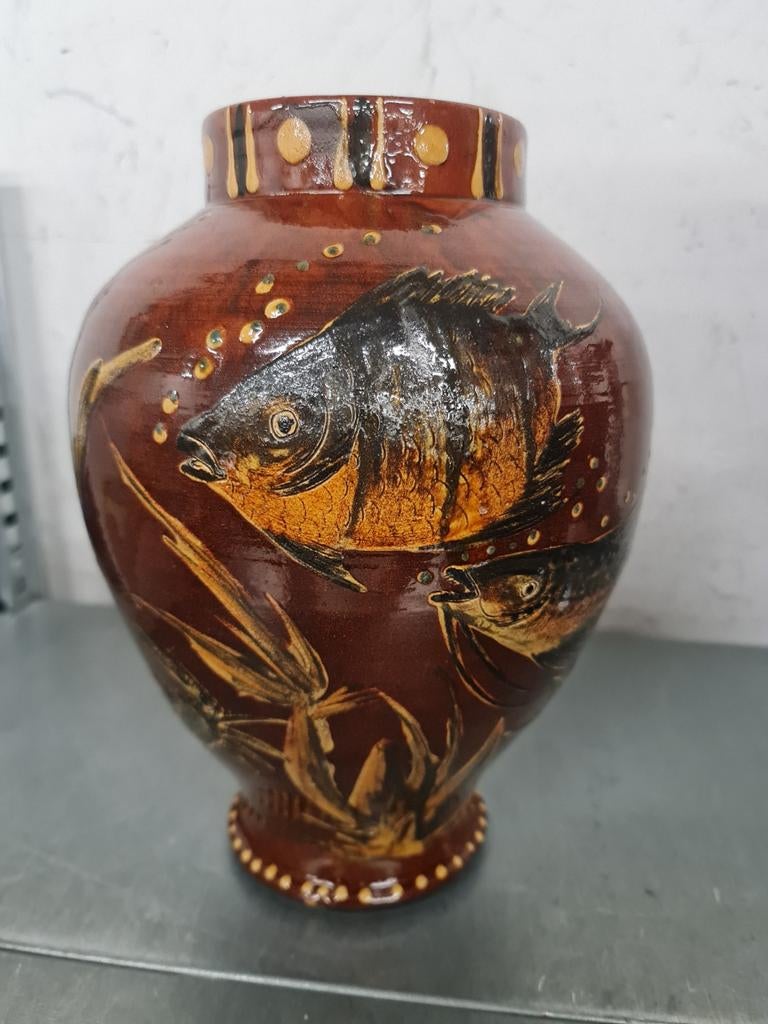 Vintage Keramische Vaas met Vis Motief, Antiek en Kunst, Antiek | Vazen, Ophalen of Verzenden