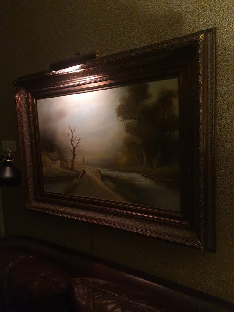 Mooi groot nostalgische gesigneerd schilderij kunstschilder, Ophalen, Zo goed als nieuw, Schilderij, 75 cm of meer