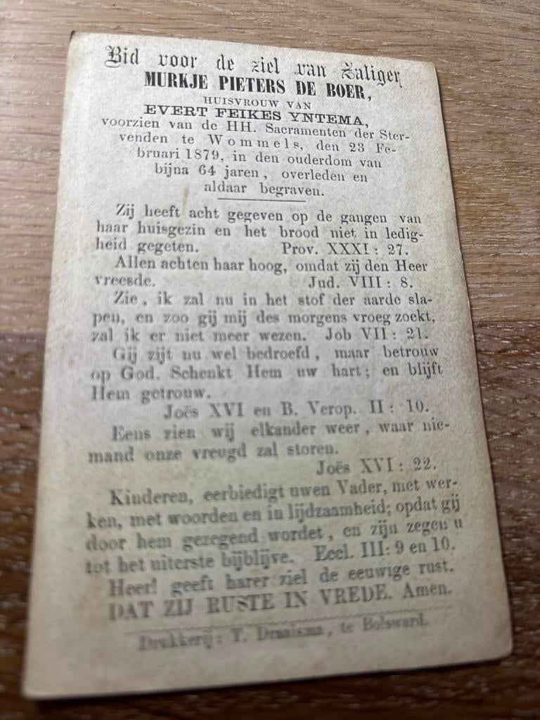 Boer de Murkje 1879 Wommels x Yntema - 28551, Ophalen of Verzenden, Bidprentje