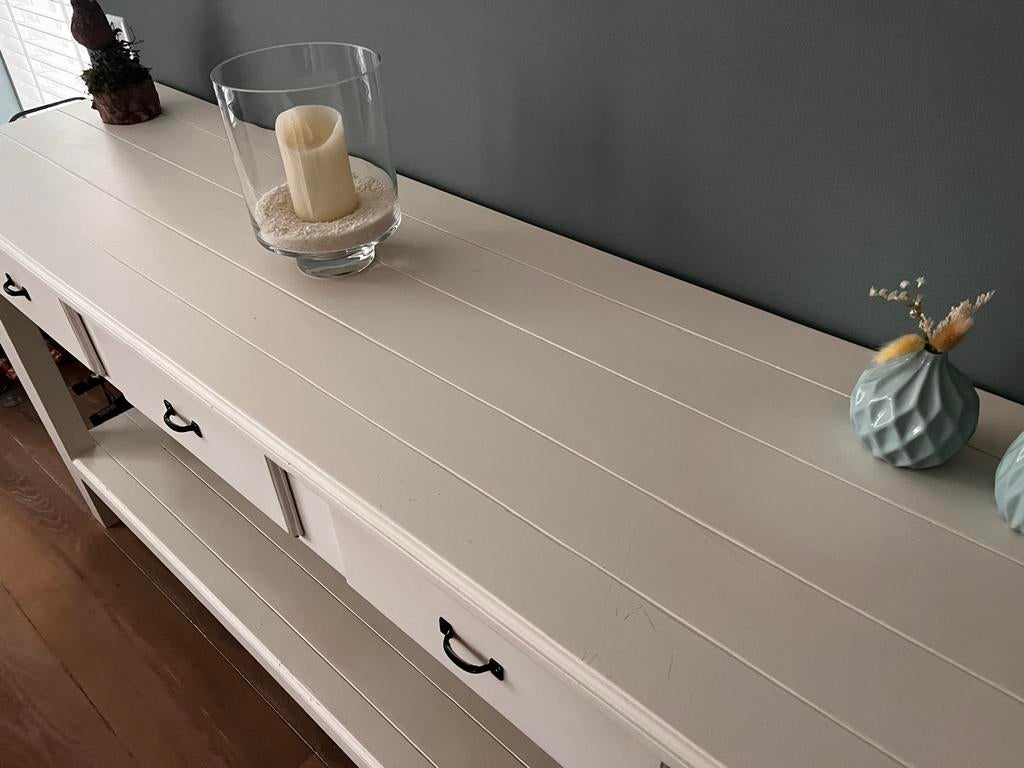 Witte houten side-table met 3 lades, Huis en Inrichting, Tafels | Sidetables, Ophalen, Gebruikt, Landelijk, 150 tot 200 cm