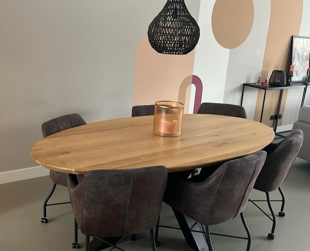 Eetkamerstoelen en eettafel ovaal eiken, Ophalen of Verzenden, Rechthoekig, 200 cm of meer, 100 tot 150 cm