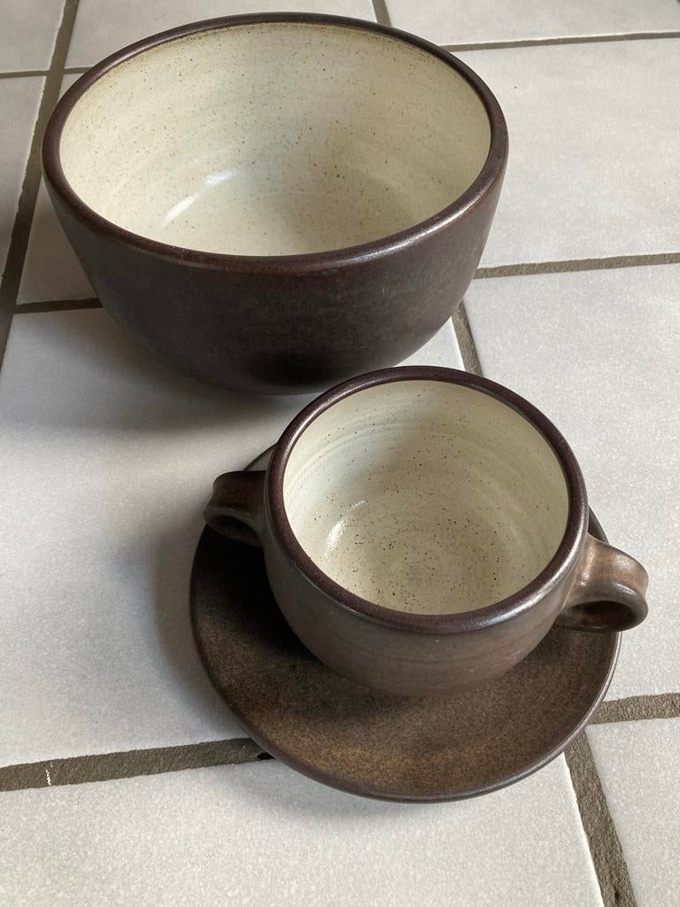 Vintage brutalist Zaalberg Aardewerk Set - Bruin Wit, Ophalen of Verzenden