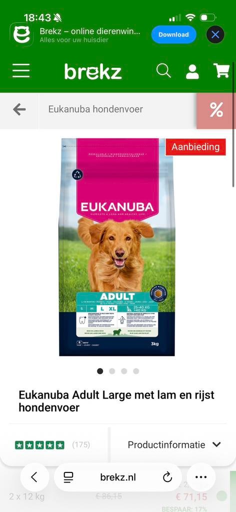 Eukanuba large lam en rijst, Ophalen, Hond
