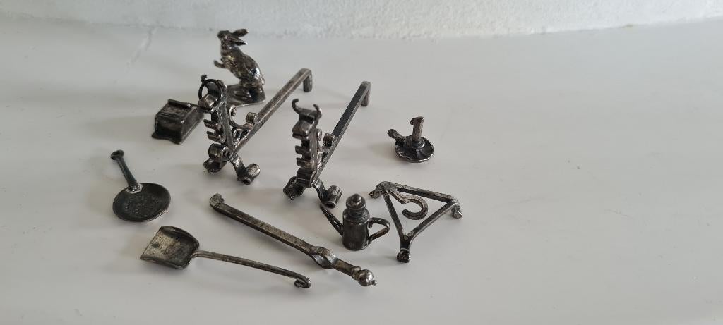 Antieke Zilveren Miniaturen Vuurbok Haardstel Treef Ketel, Ophalen of Verzenden, Zilver