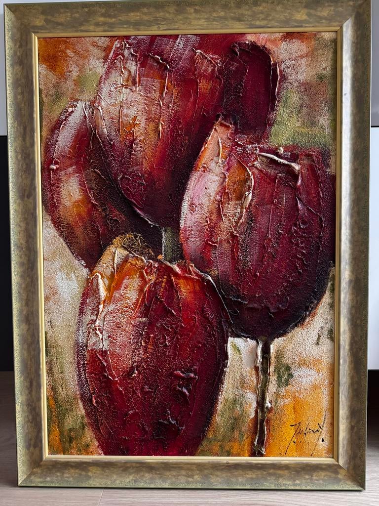 Jochem de Graaf - 83x114 Abstr. bloemen met reliëf en lijst, Antiek en Kunst, Ophalen