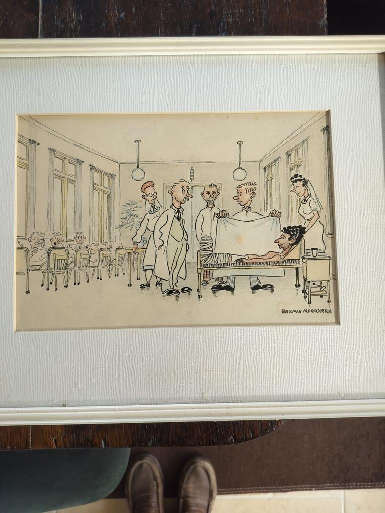 Herman Moerkerk ingekleurde tekening ziekenbezoek, Ophalen of Verzenden