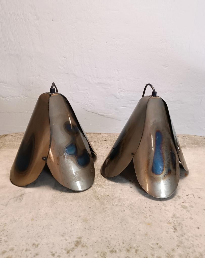 Set van 2 metalen bloem hanglampen, Tweedehands, Tweedehands, Ophalen of Verzenden, Metaal