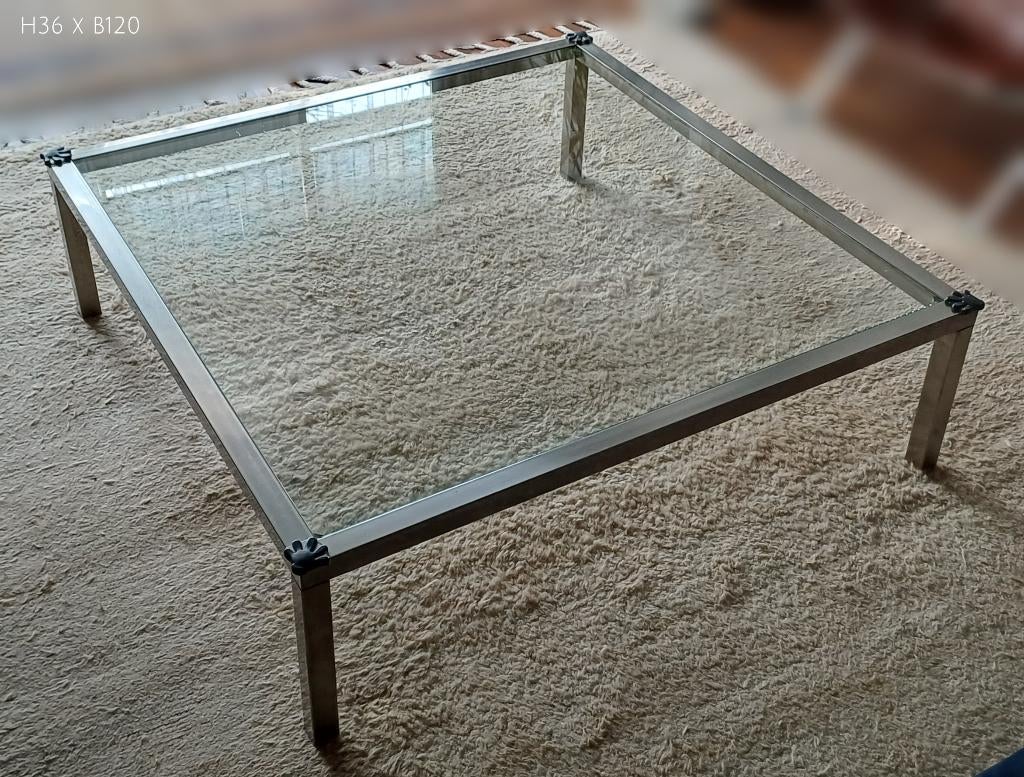 Gratis - lage tafel/salontafel, glas, staal 120x120cm, Ophalen, Gebruikt, Vierkant, Glas