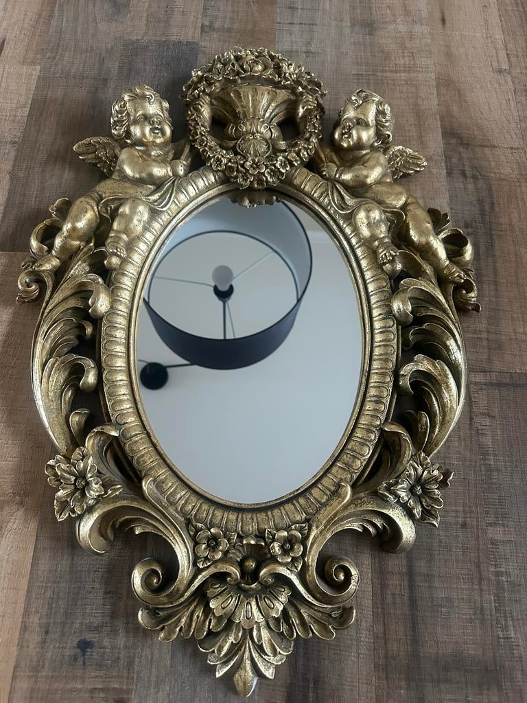 Goudkleurige porseleinen spiegel met engeltjes, Ophalen, Ovaal, Minder dan 50 cm, Minder dan 100 cm