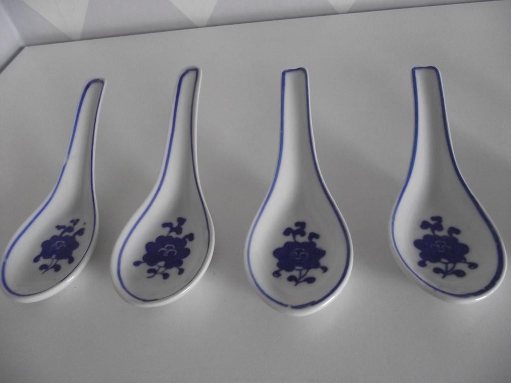 3 vintage chinees porselein rijstlepel blauw bloem decor p s, Ophalen of Verzenden