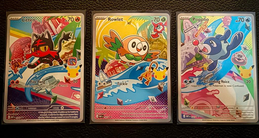 Pokémon kaarten Litten, Rowlet, Popplio 30th anniversary, Verzenden, Zo goed als nieuw, Meerdere kaarten, Foil