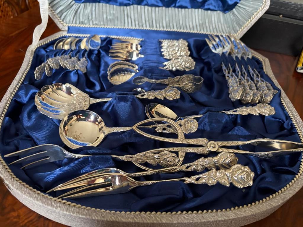 Luxe verzilverde bestekset  in originele doos, jaren '50/'60, Antiek en Kunst, Antiek | Bestek, Ophalen of Verzenden