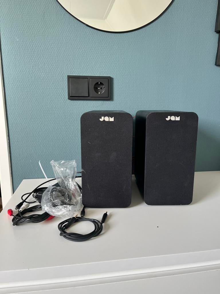 Jam HX-P400 BK boekenplank speakers, Gebruikt, Minder dan 60 watt, Front, Rear of Stereo speakers, Ophalen