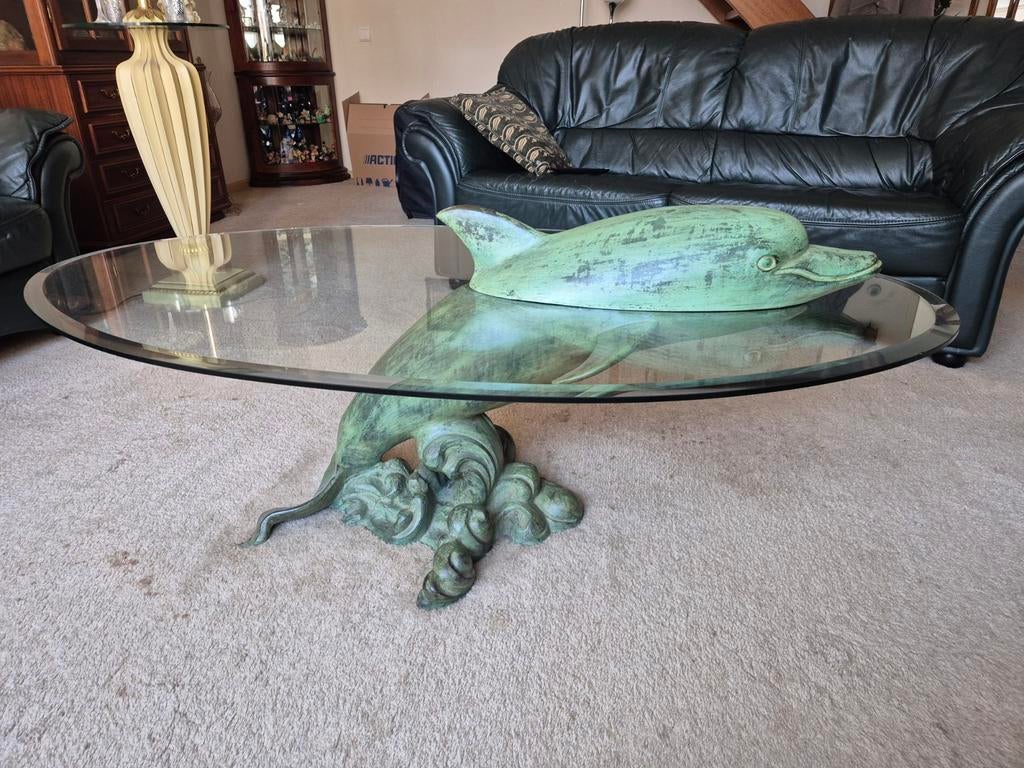 Vintage dolfijn salontafel – messing/bronslook – jaren 70/80, Ophalen, Gebruikt, 100 tot 150 cm, 50 tot 100 cm