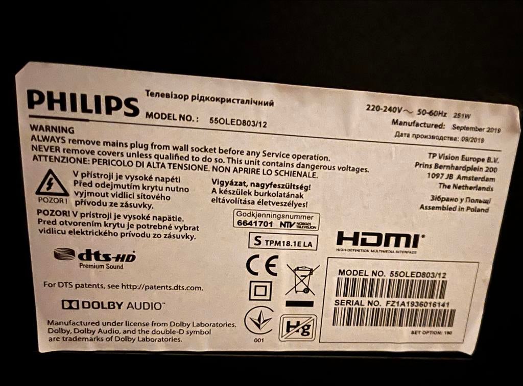 Philips 55OLED803/12 OLED TV - Voeding defect, Ophalen, Philips, OLED, 4k (UHD)