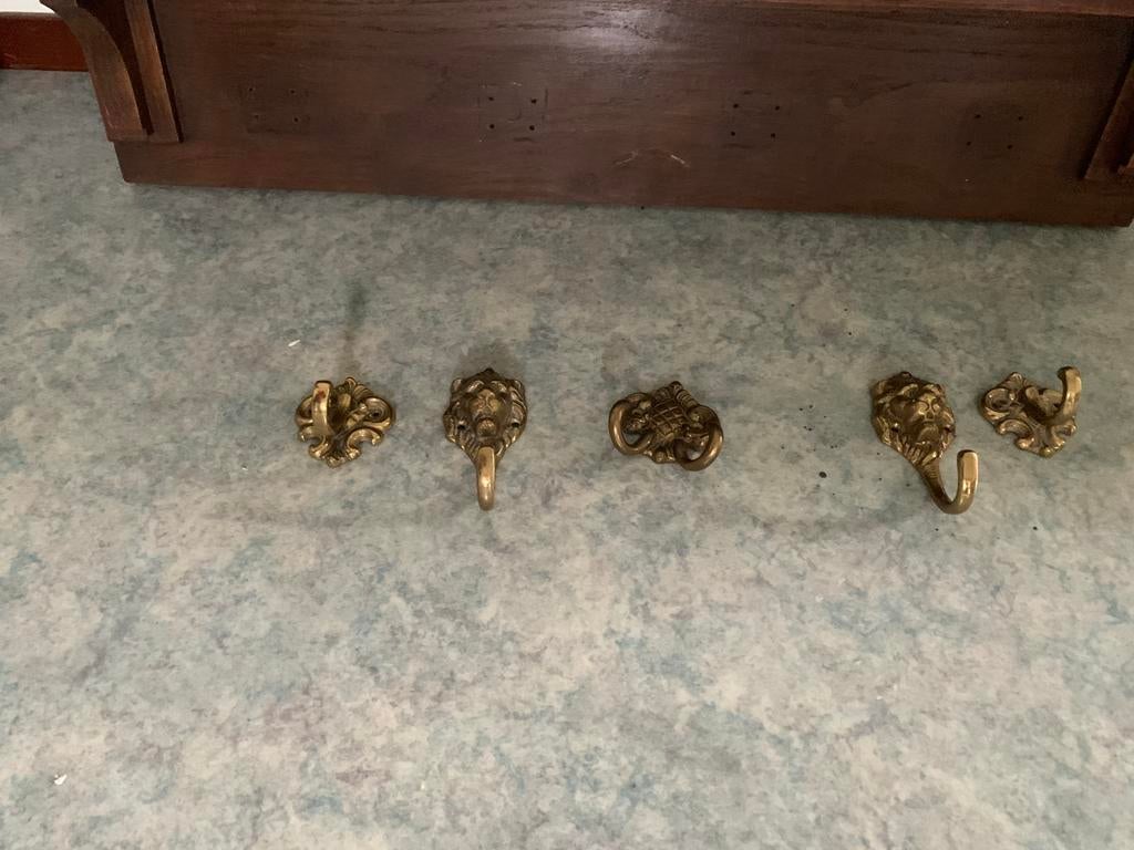 Antieke houten wandkapstok met spiegel en 5 messing haken, Gebruikt, Minder dan 100 cm, Hout, Ophalen