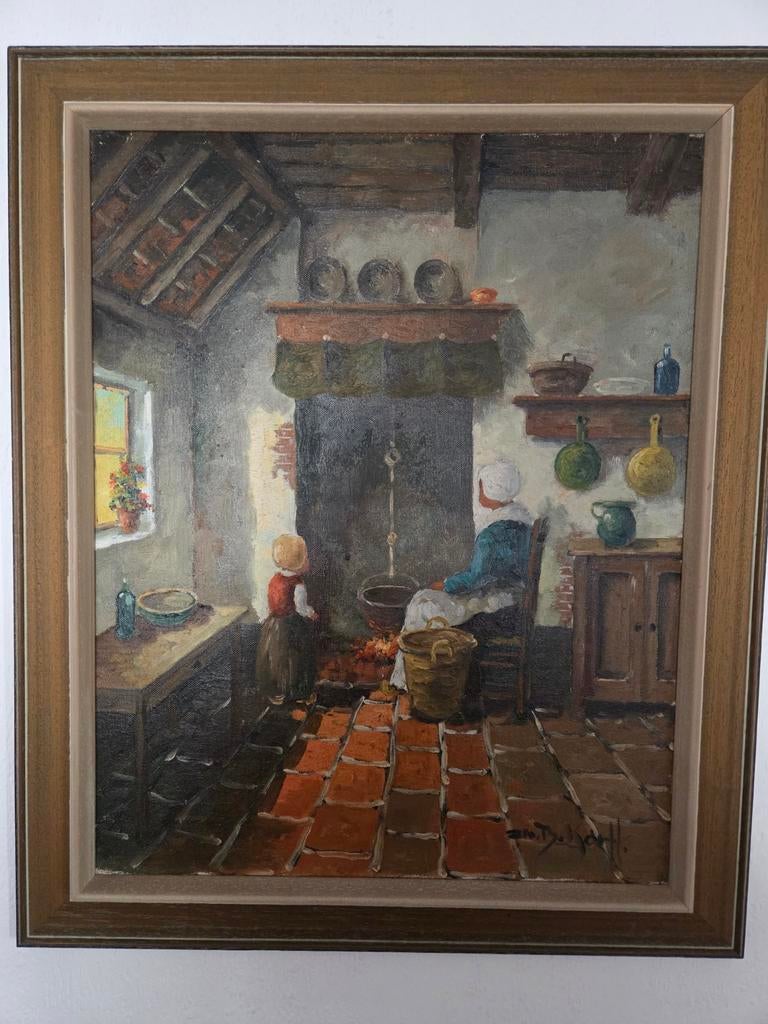 Olieverfschilderij van interieur met figuren, Ophalen