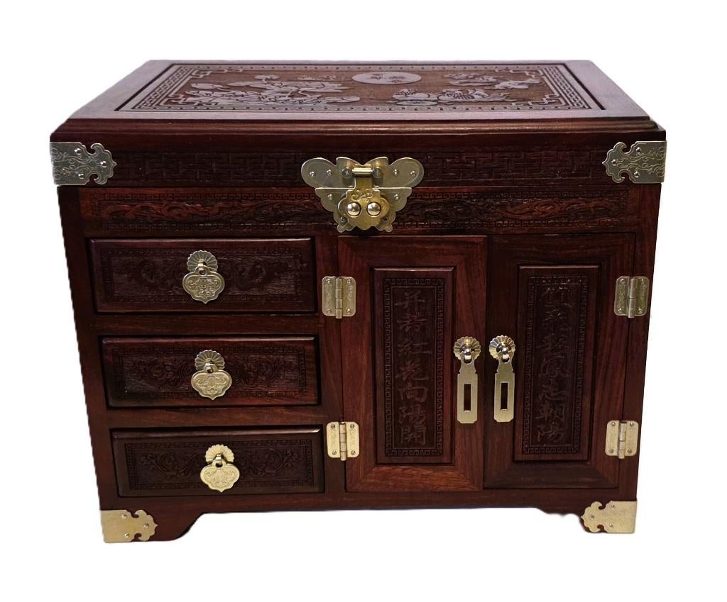 Grote massief houten Chinese juwelenkoffer., Antiek en Kunst, Curiosa en Brocante, Ophalen of Verzenden