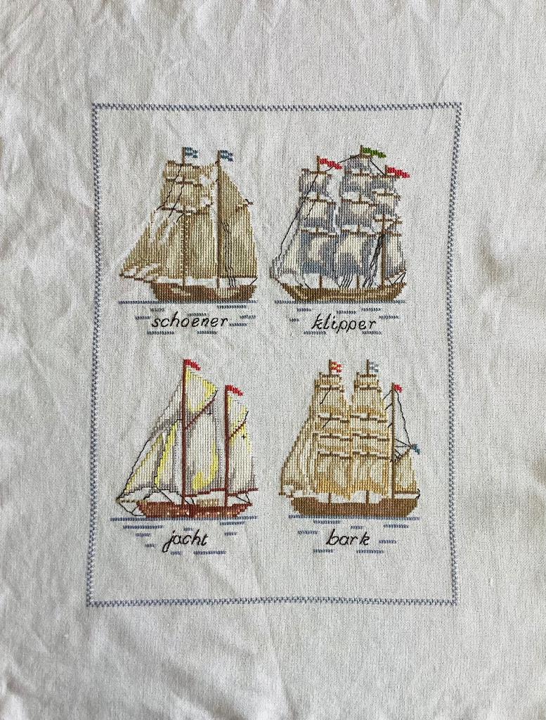 Borduurwerk, zijde, schepen, tall ships, vintage, Hobby en Vrije tijd, Borduren en Borduurmachines, Ophalen, Gebruikt, Handborduren