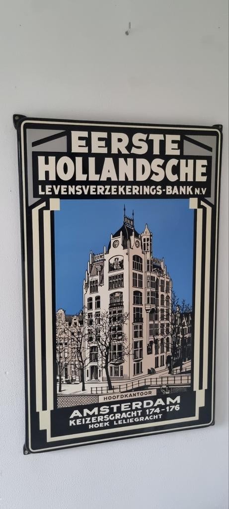 Verzekering emaille reclamebord bord Amsterdam kunst, Ophalen of Verzenden, Gebruikt, Reclamebord