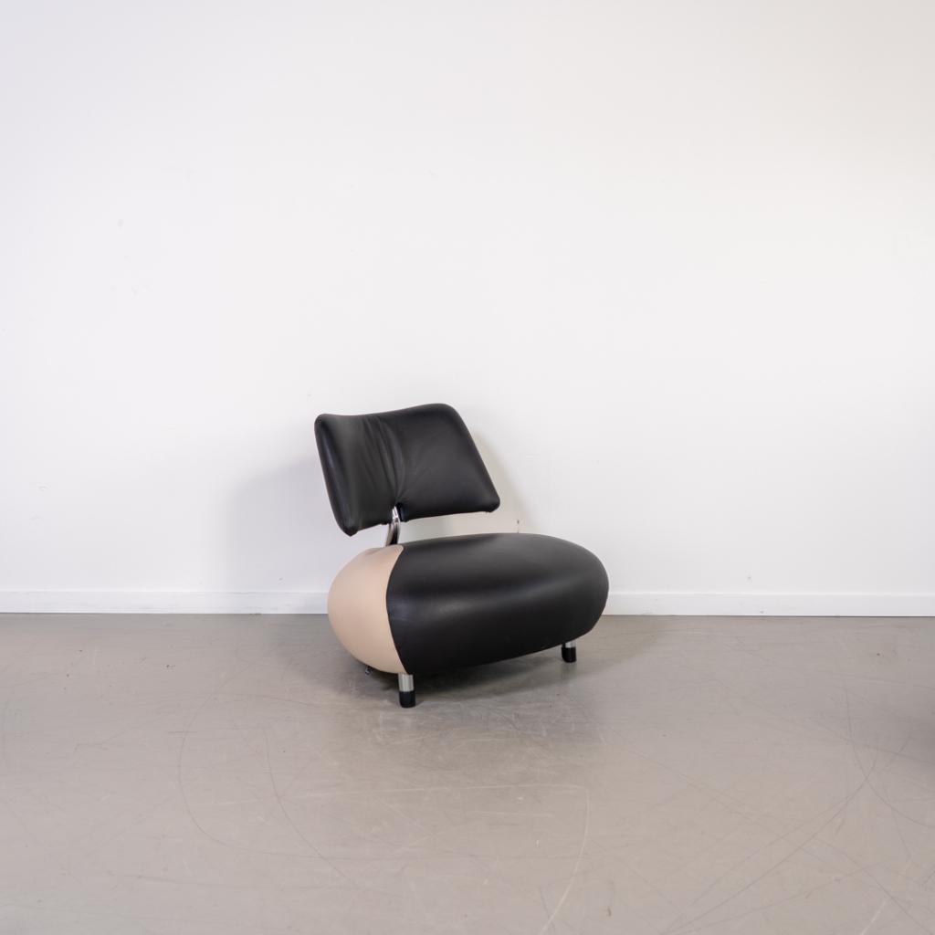 1x Leolux Pallone Fauteuil Zwart/Wit Leer - Chroom, Huis en Inrichting, Fauteuils, Zo goed als nieuw, Leer, Metaal, 75 tot 100 cm