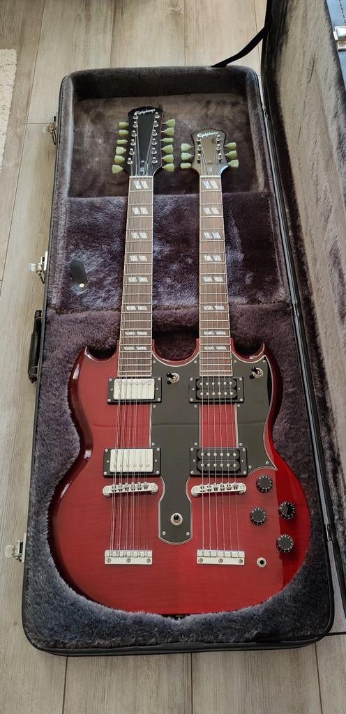 Epiphone G-1275 Custom Cherry double-neck gitaar, Muziek en Instrumenten, Snaarinstrumenten | Gitaren | Elektrisch, Gebruikt, Solid body