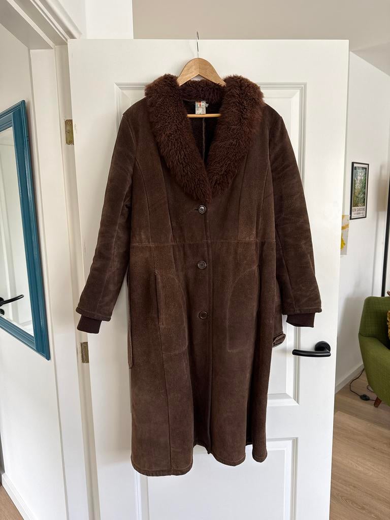 Vintage suède jas met bontkraag, Ophalen, Gedragen, Maat 38/40 (M), Bruin