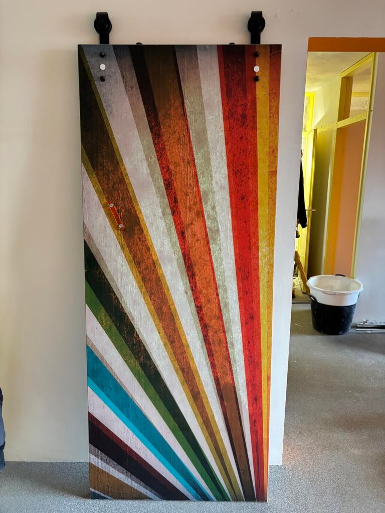 Schuifdeur met kleurrijk patroon, Ophalen, Gebruikt, 80 tot 100 cm, Binnendeur