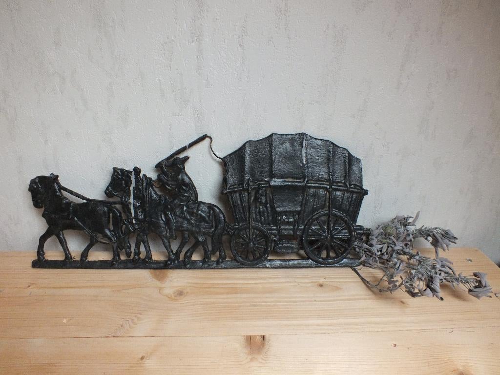gietijzeren plaat huifkar met paarden wanddecoratie, farmer, Ophalen, Gebruikt