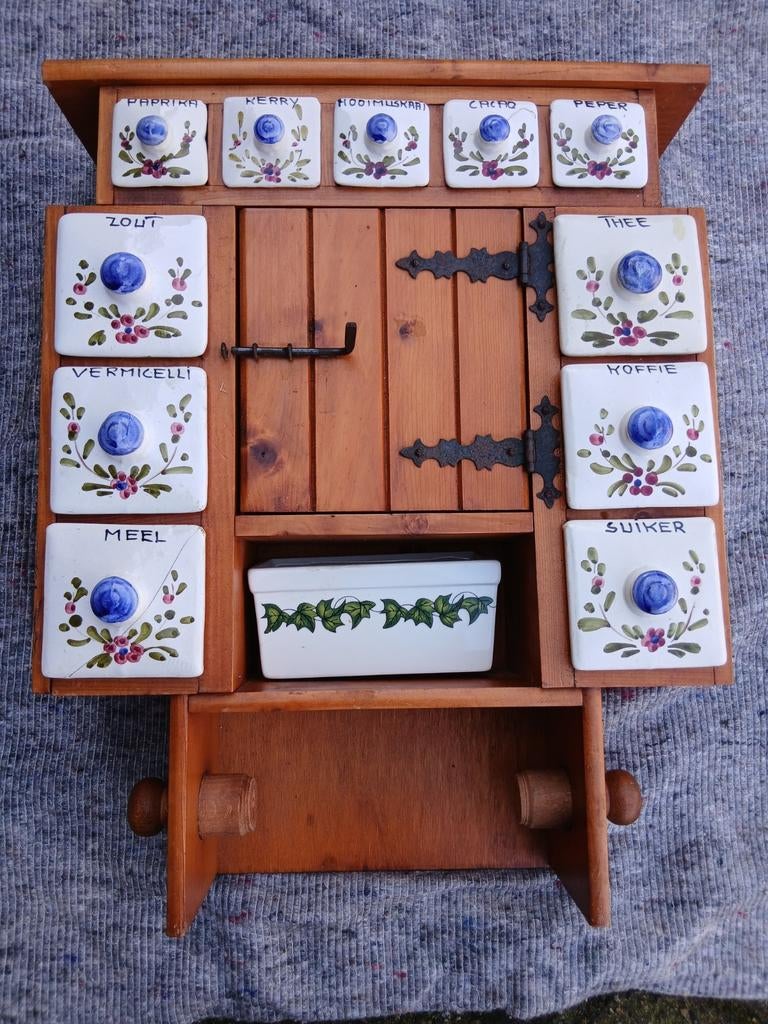 Kruidenrek specerijenkast kruiden vintage hout porselein, Ophalen