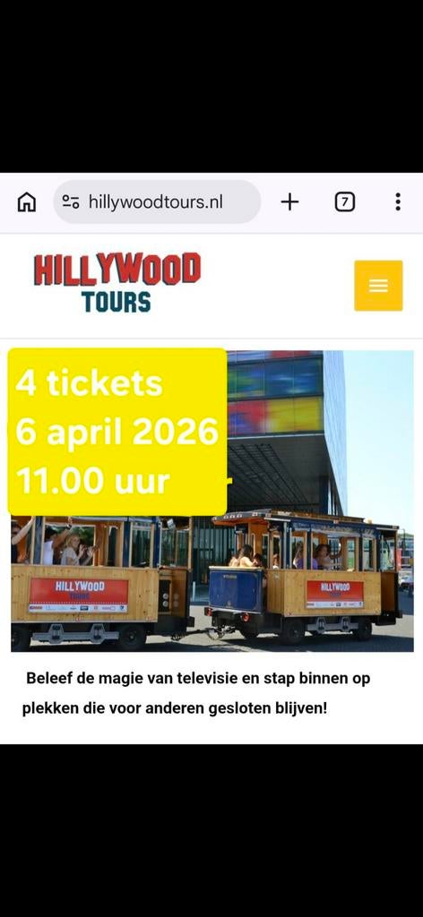 4 tickets gezins Hillywood tours Hilversum Media park, Tickets en Kaartjes, Drie personen of meer, Ticket of Toegangskaart