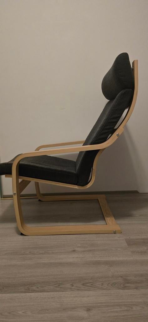 IKEA Poäng Lounge Stoel - berkenfineer /Skiftebo donkergrijs, Gebruikt, Modern, Scandinavisch, 75 tot 100 cm, Ophalen of Verzenden