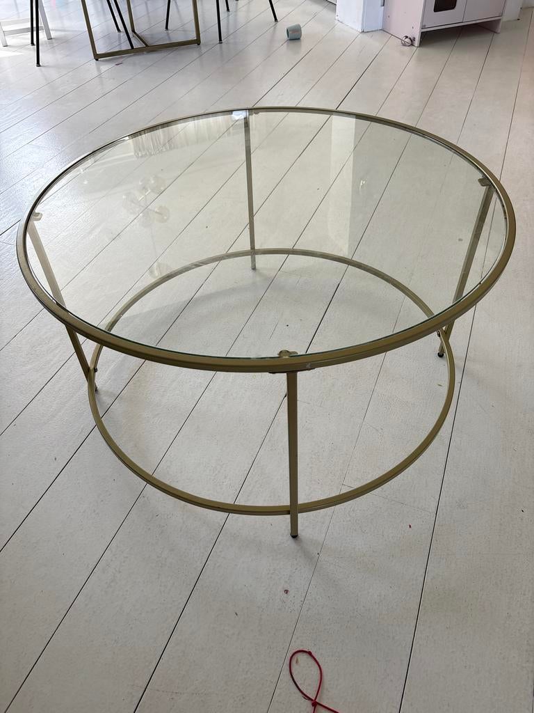 Ronde glazen salontafel, goudkleurig, Huis en Inrichting, Tafels | Salontafels, Gebruikt, Minder dan 50 cm, 50 tot 100 cm, Rond
