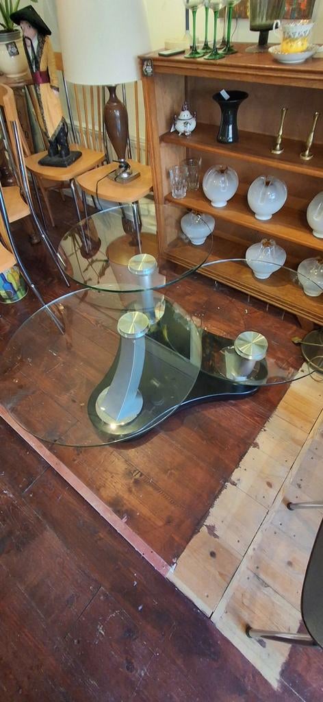 Vintage Design Salontafel met Roterende Glasplaten, Ophalen, Gebruikt, 50 tot 100 cm, 50 tot 100 cm