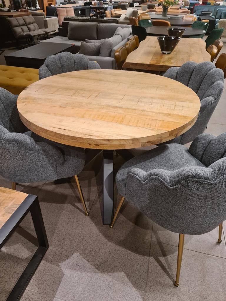 Nieuwe eettafel rond 115cm mangohout spinpoot €200, Ophalen, ., Nieuw, .