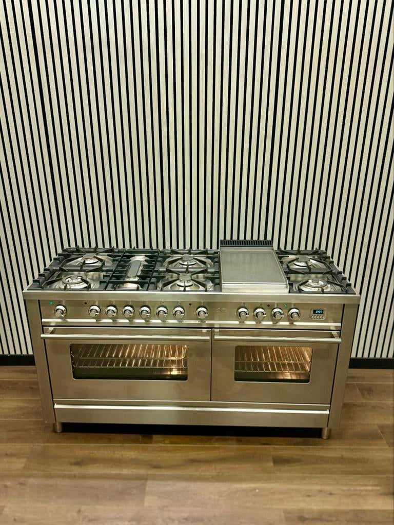 Luxe Boretti Fornuis 8 pits RVS dubbele oven 150 cm breed, Witgoed en Apparatuur, Fornuizen, Zo goed als nieuw, Vrijstaand, Gas