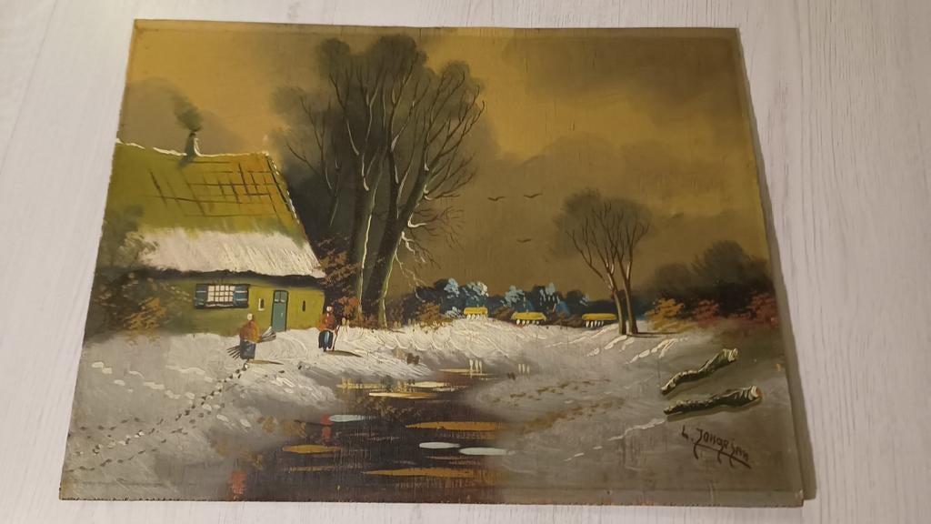 Antiek schilderij, olie op paneel, gemerkt, Ophalen of Verzenden