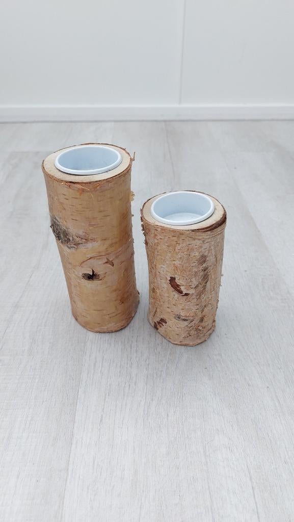 2x boomstam waxinelichthouder, Ophalen of Verzenden, Zo goed als nieuw, Bruin, Hout
